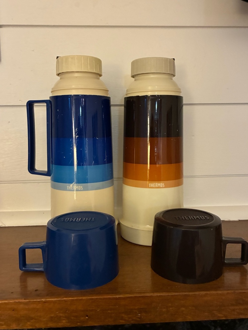 Vintage Thermos Set Retro Striped Camping Coffee Jugs w Cups - Picture 3 of 14